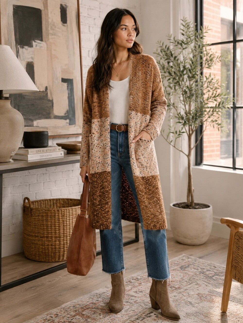 SAM EDELMAN Nyla Long Line Cardigan Colorblock Cozy Open Front Duster Sweater